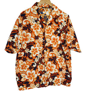 ODO Vintage 90s Orange Blue Hawaiian Tropical Button Down Bright Shirt Sz Medium